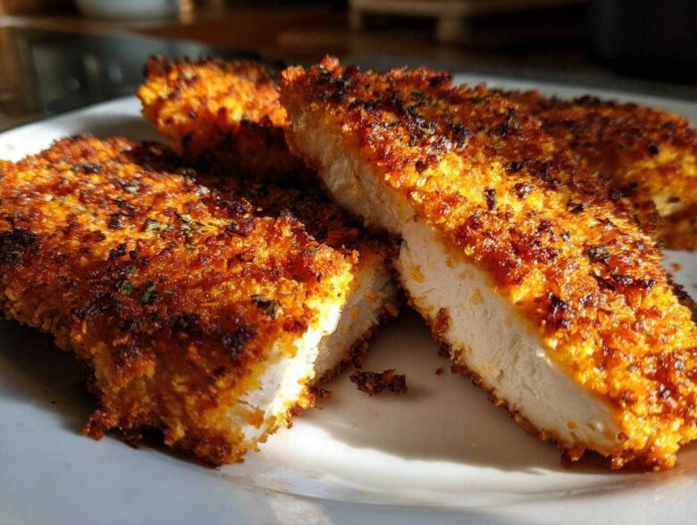 Close-up of juicy air fryer chicken breasts, showing the crispy golden breading and tender white interior.