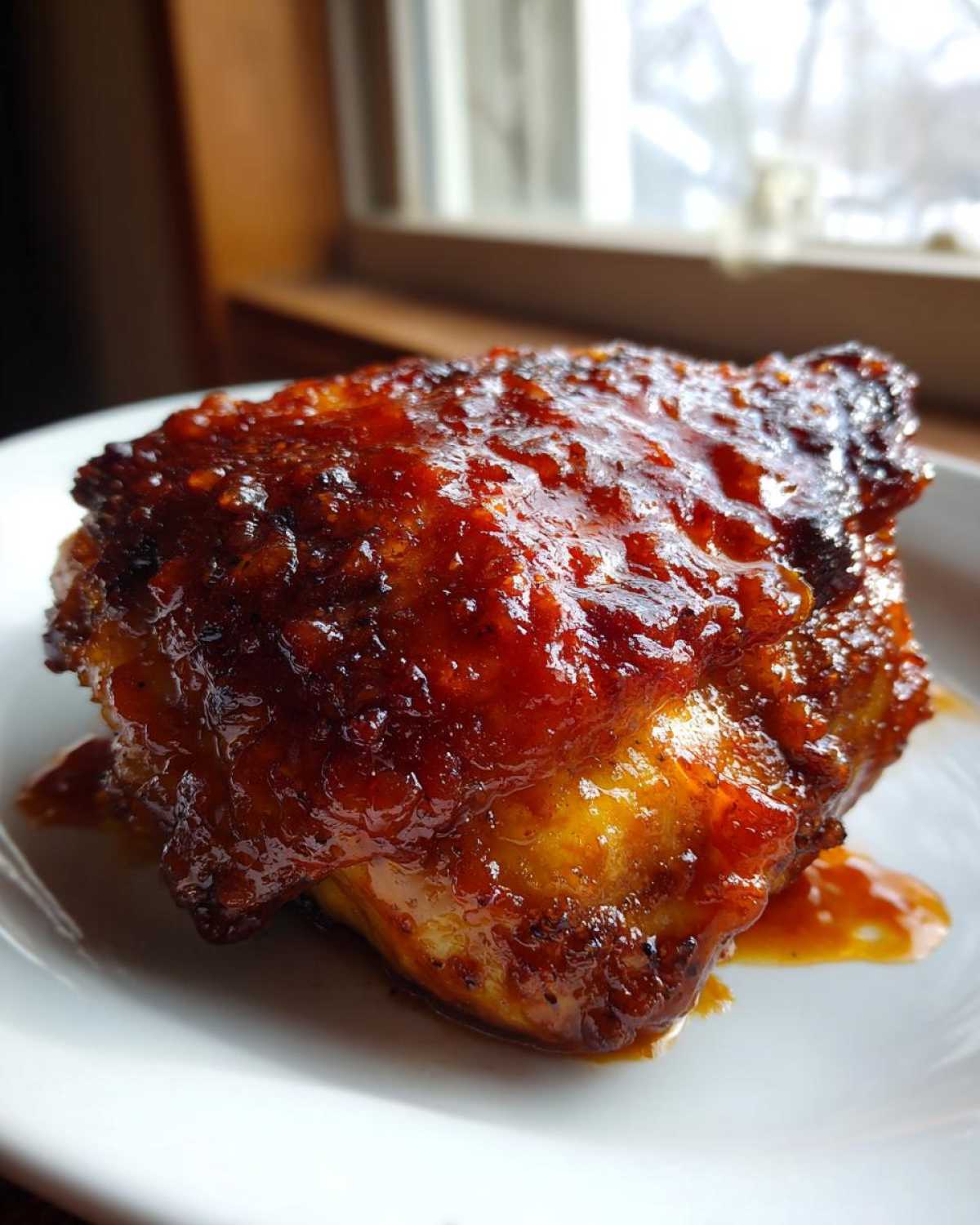 Close-up of a piece of juicy BBQ chicken coated in a thick, glossy, dark red barbecue sauce.