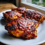 Four pieces of juicy, caramelized bbq chicken with a thick, glossy sauce served on a white plate.
