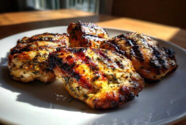 Four pieces of perfectly grilled, herb-crusted greek chicken resting on a white plate under bright sunlight.