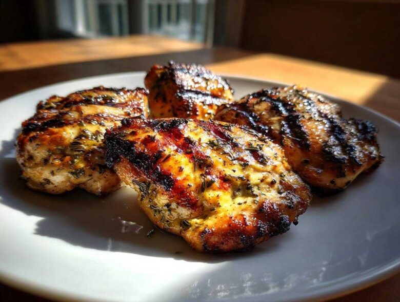 Four pieces of perfectly grilled, herb-crusted greek chicken resting on a white plate under bright sunlight.