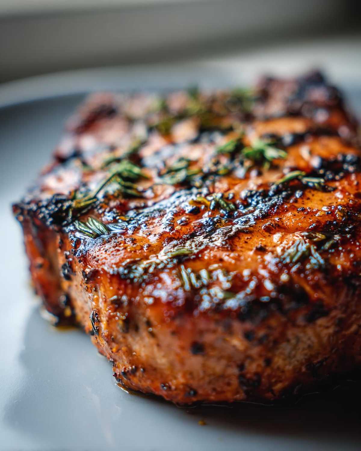 Close-up of a thick, grilled pork chop coated in a dark, glossy marinade and topped with herbs.
