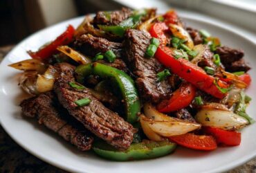 Close-up of juicy steak fajitas featuring sliced steak, red and green bell peppers, and caramelized onions.