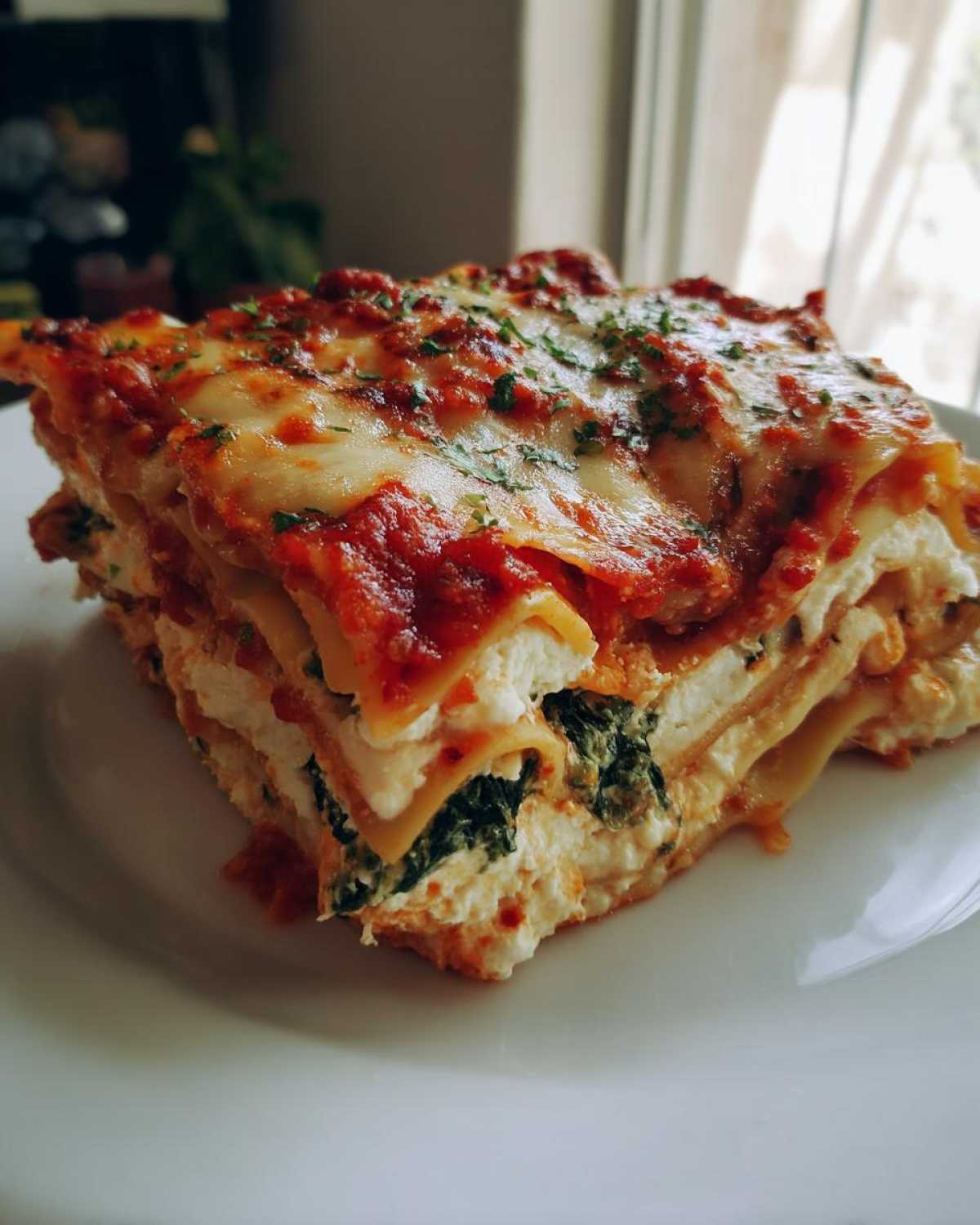 A thick, layered slice of Lasagna with Cottage Cheese, topped with melted mozzarella and marinara sauce.