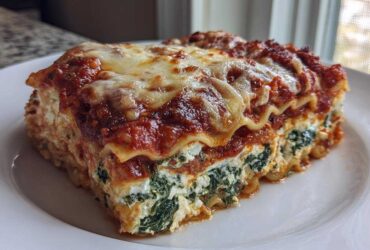 A thick, layered slice of Lasagna with Cottage Cheese, rich tomato sauce, and melted cheese topping.