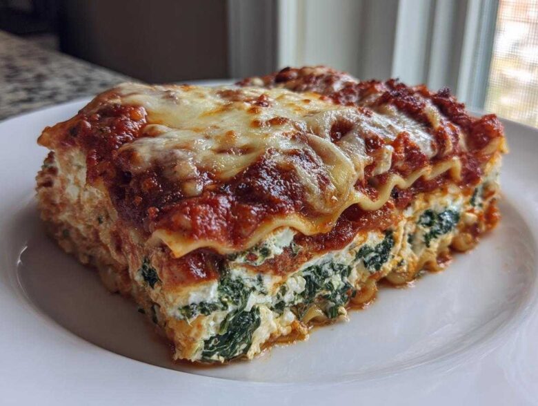A thick, layered slice of Lasagna with Cottage Cheese, rich tomato sauce, and melted cheese topping.