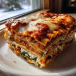 A thick, layered slice of lasagna with cottage cheese, spinach, and melted mozzarella topping.