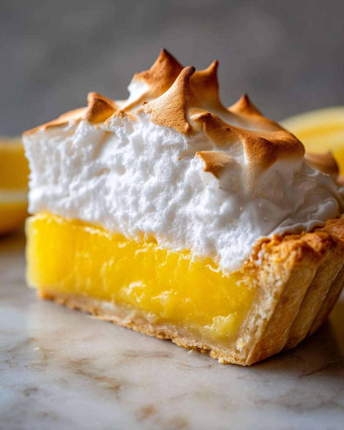 Close-up of a slice of lemon meringue pie showing bright yellow curd, thick white meringue, and toasted peaks.