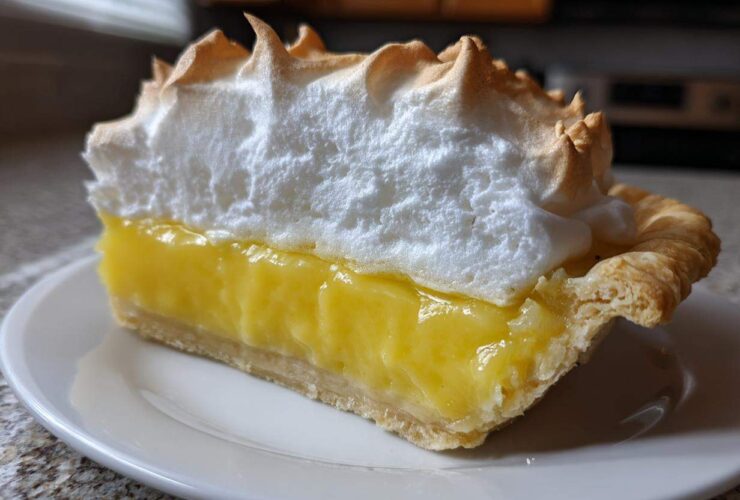 A close-up slice of lemon meringue pie showing thick yellow filling and tall, toasted meringue.