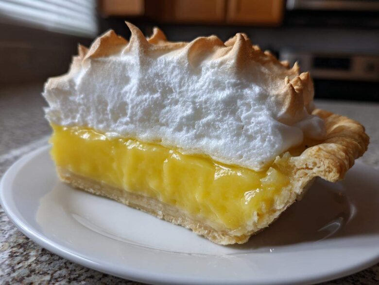 A close-up slice of lemon meringue pie showing thick yellow filling and tall, toasted meringue.