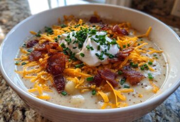 A close-up of a bowl of creamy Loaded Baked Potato Soup, generously topped with shredded cheddar, bacon bits, sour cream, and chives.
