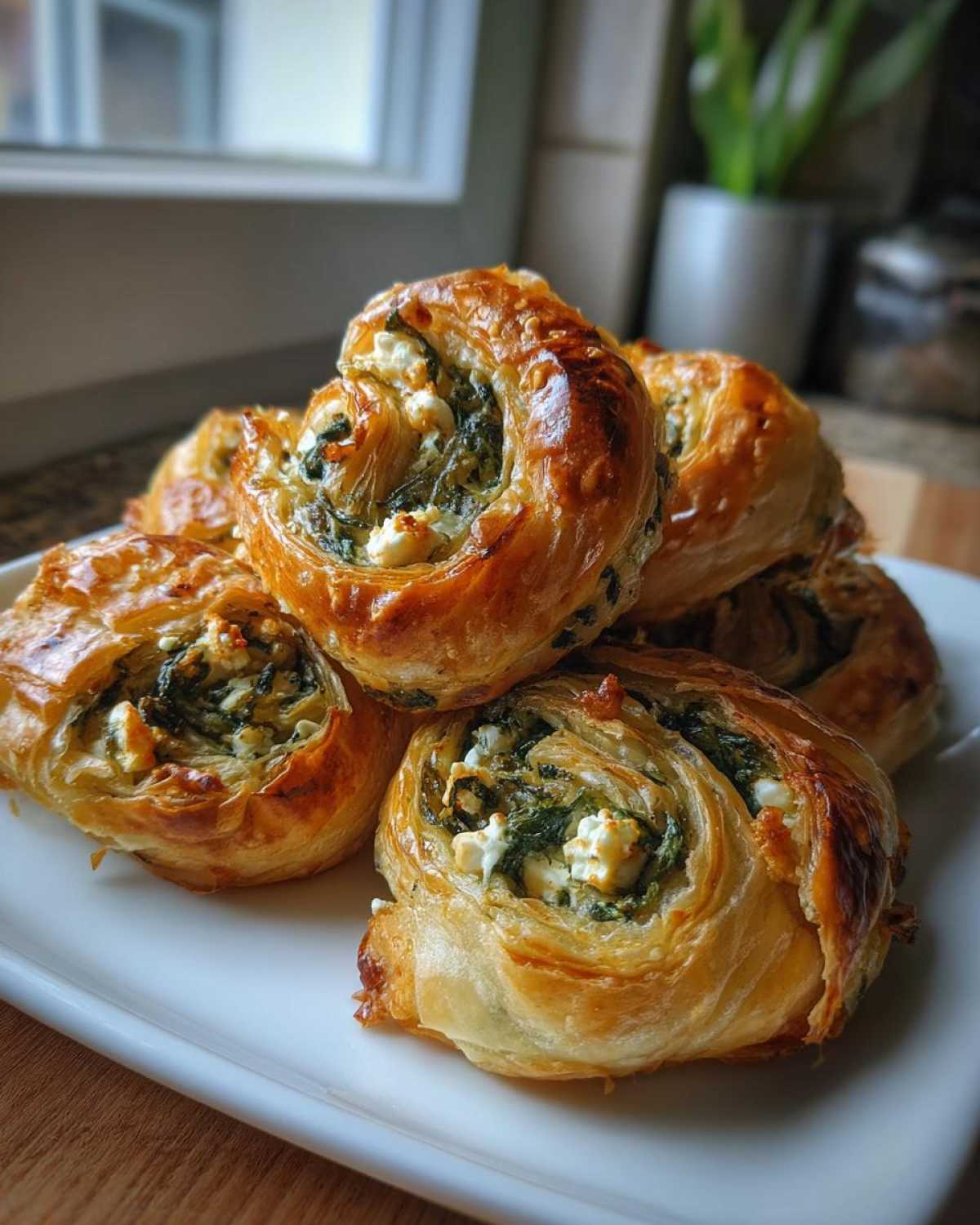 Close-up of golden-brown, flaky Mediterranean Spinach and Feta Cheese Crisps arranged on a white plate.