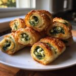 A stack of golden brown Mediterranean Spinach and Feta Cheese Crisps made with flaky pastry and visible filling.