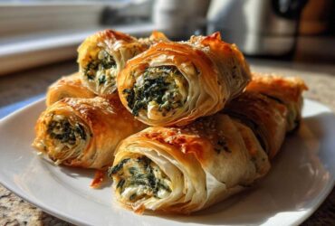 A stack of golden, flaky Mediterranean Spinach and Feta Cheese Crisps on a white plate.