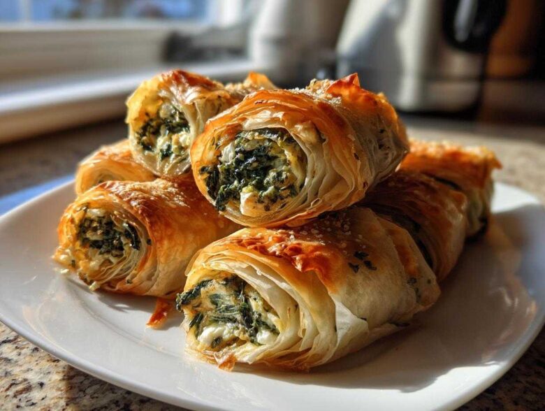 A stack of golden, flaky Mediterranean Spinach and Feta Cheese Crisps on a white plate.