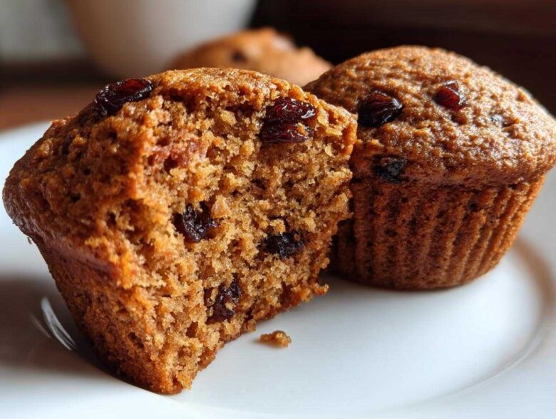 Close-up of a moist bran muffin cut in half showing raisins inside, next to a whole bran muffin.