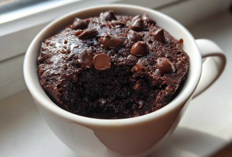 Close-up of a moist chocolate chip mug cake baked in a white mug, ready to eat.
