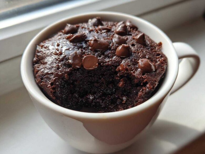 Close-up of a moist chocolate chip mug cake baked in a white mug, ready to eat.