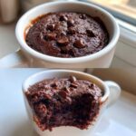 A split image showing a freshly baked chocolate chip mug cake, with the bottom half showing a bite taken out to reveal the moist texture of the mug cake.