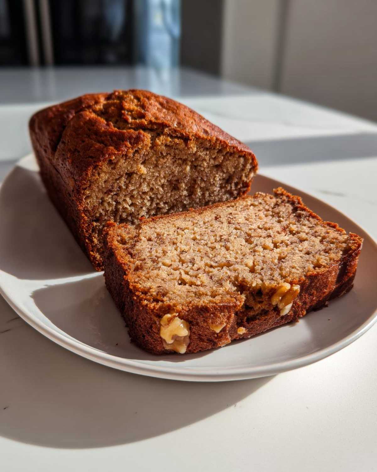 A loaf of moist sugar free banana bread with one slice cut and resting beside it on a white plate.