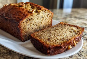 Close-up of a moist sugar free banana bread loaf, partially sliced, showing walnuts on top and a rich crumb texture.
