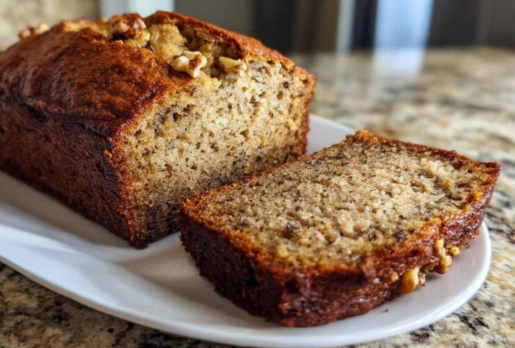 Close-up of a moist sugar free banana bread loaf, partially sliced, showing walnuts on top and a rich crumb texture.