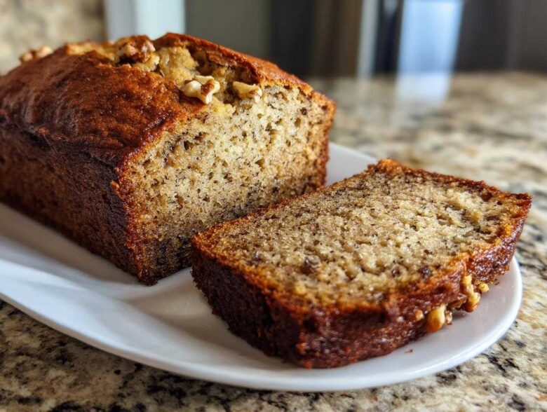 Close-up of a moist sugar free banana bread loaf, partially sliced, showing walnuts on top and a rich crumb texture.