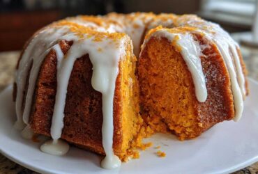 Close-up of a slice cut from a moist sweet potato pound cake drizzled with white icing.
