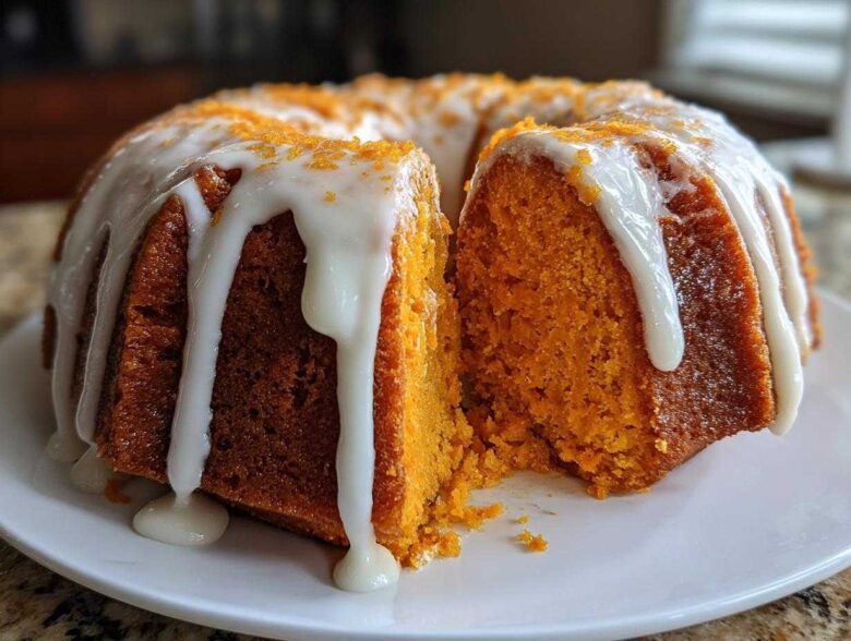 Close-up of a slice cut from a moist sweet potato pound cake drizzled with white icing.