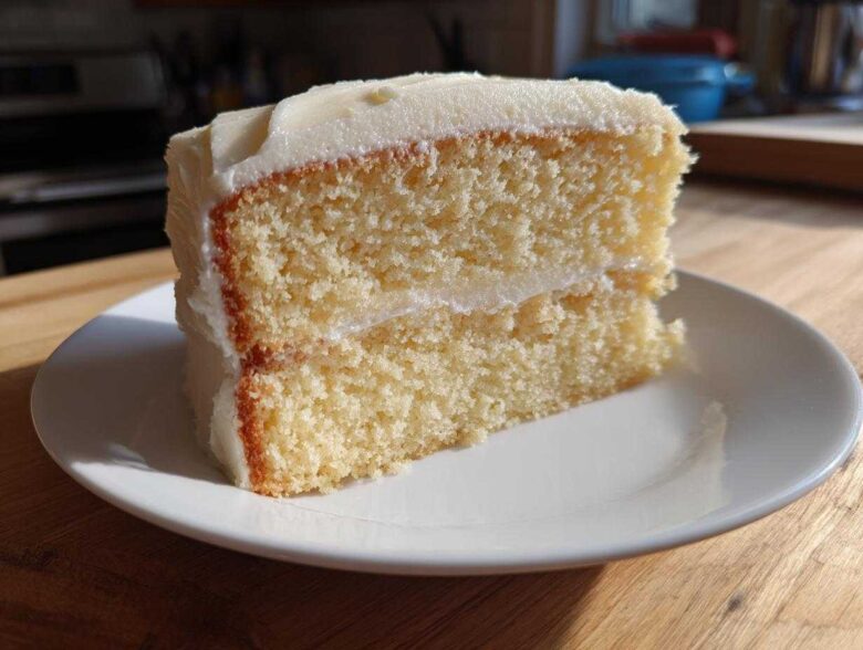 A close-up of a moist, two-layer slice of vanilla cake recipe covered in thick white frosting, sitting on a white plate.