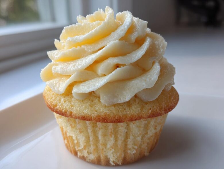 Close-up of a single, moist vanilla cupcake topped with a tall swirl of creamy vanilla buttercream frosting.