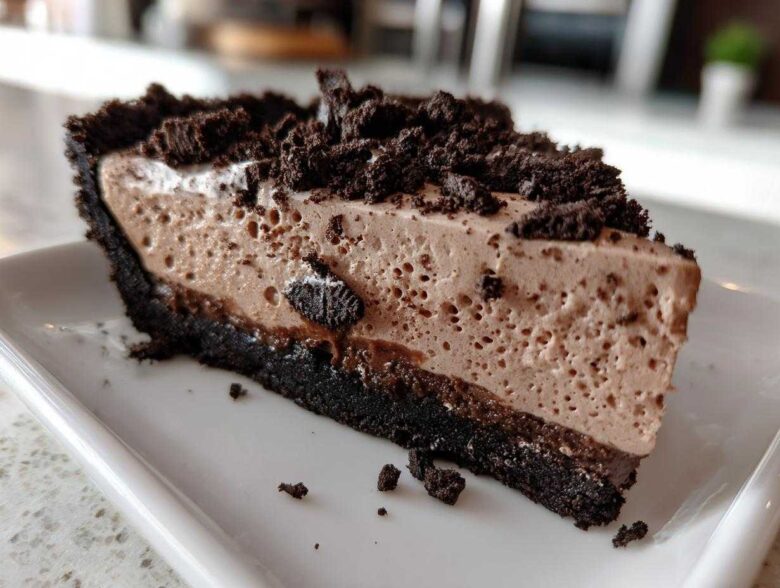 A close-up slice of no-bake Oreo pie featuring a dark chocolate crust and light brown mousse filling.