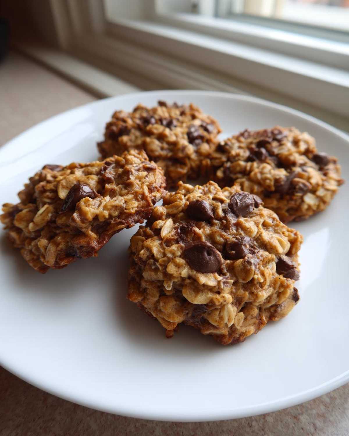 Four freshly baked, chewy breakfast cookie treats loaded with oats and chocolate chips, served on a white plate.