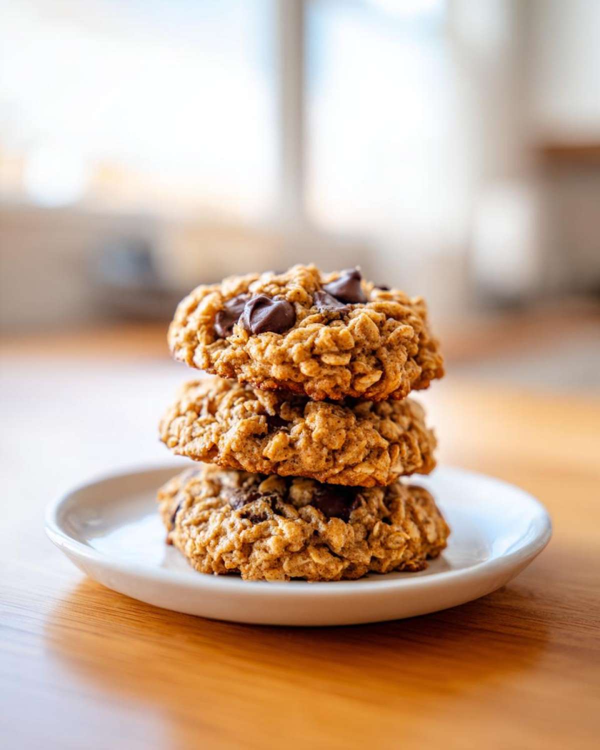 A stack of three chewy chocolate chip oatmeal cookie on a small white plate.