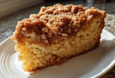 Close-up of a moist slice of coffee cake featuring a thick, buttery cinnamon crumb topping.