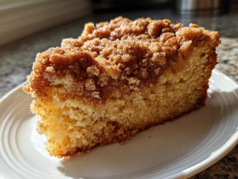 Close-up of a moist slice of coffee cake featuring a thick, buttery cinnamon crumb topping.