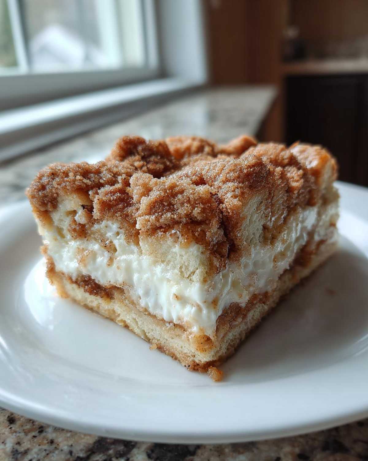 A square slice of overnight french toast casserole with a thick cream cheese layer and cinnamon streusel topping.