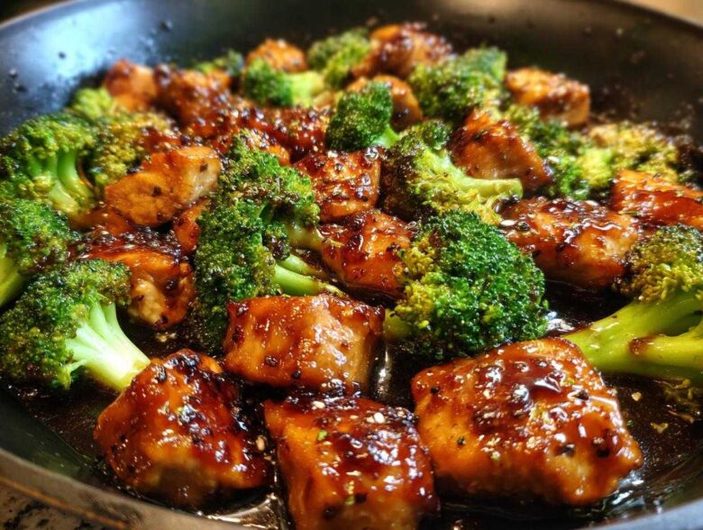 Close-up of glazed chicken pieces mixed with bright green broccoli florets in a dark sauce, showcasing the chicken and broccoli dish.
