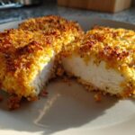 Close-up of perfectly cooked parmesan crusted chicken, showing the juicy white interior and crispy golden crust.
