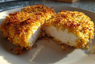 Close-up of perfectly cooked parmesan crusted chicken, showing the juicy white interior and crispy golden crust.