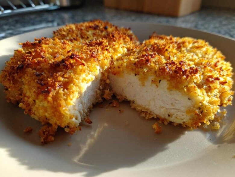Close-up of perfectly cooked parmesan crusted chicken, showing the juicy white interior and crispy golden crust.