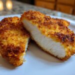 Close-up of juicy parmesan crusted chicken cut in half showing the white, cooked interior.