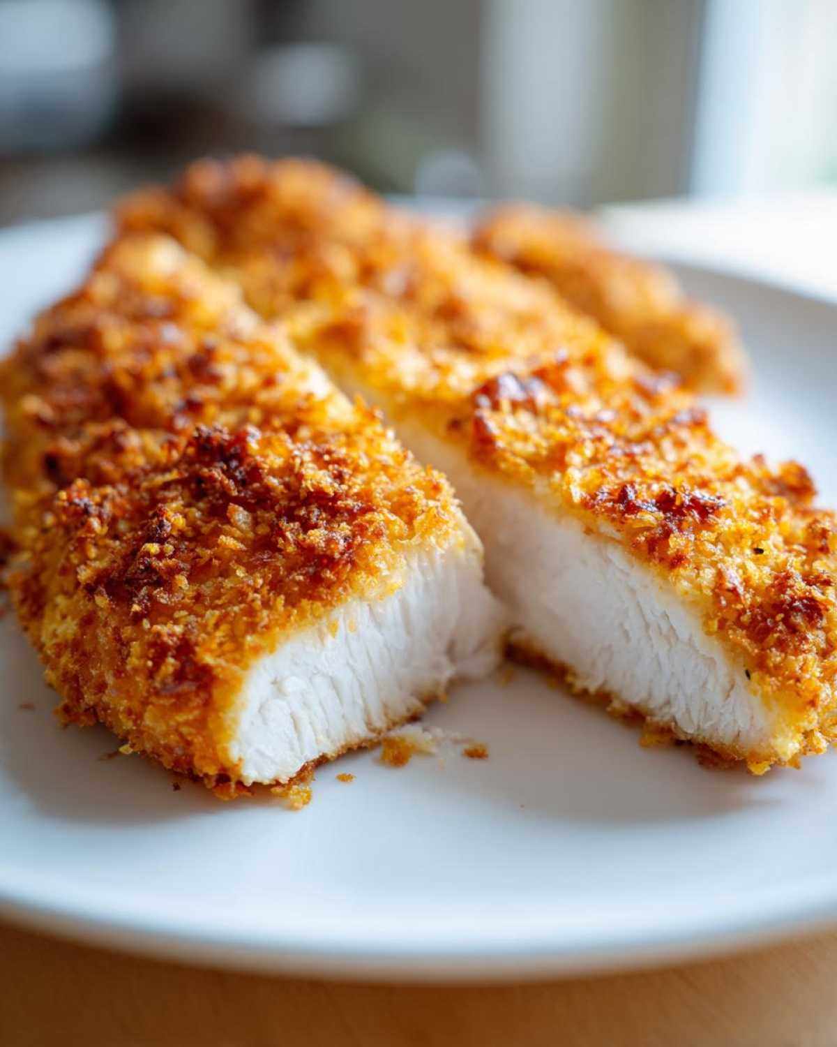 Close-up of sliced parmesan crusted chicken showing the crispy golden coating and moist white interior.
