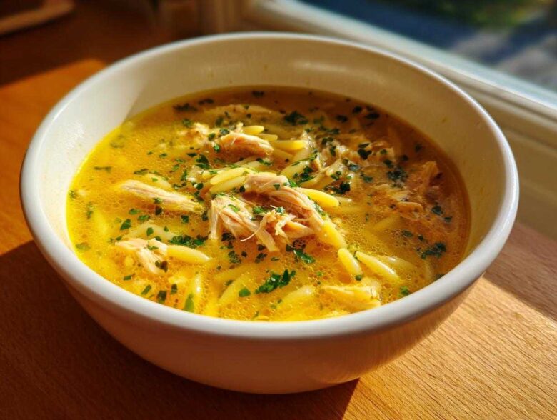 Close-up of a white bowl filled with bright yellow penicillin soup, featuring shredded chicken and orzo pasta, garnished with parsley.