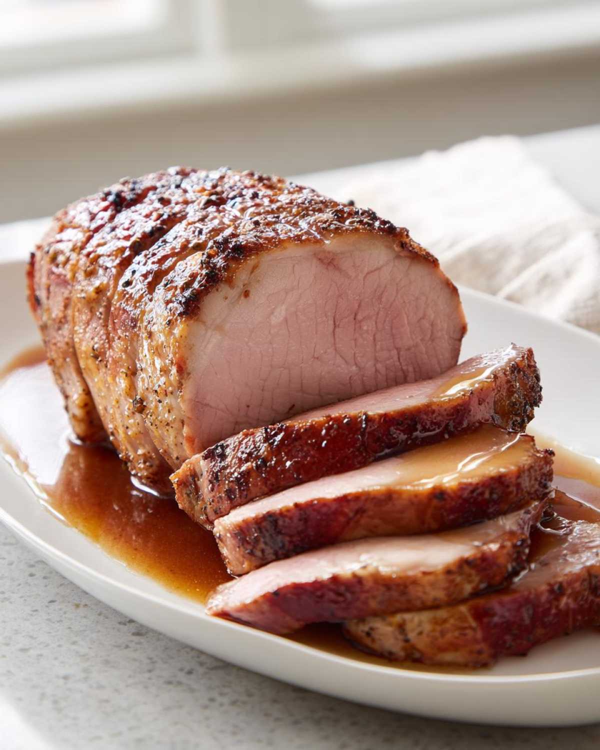 A juicy, perfectly cooked pork loin roast, partially sliced and resting in its own pan juices/gravy on a white platter.