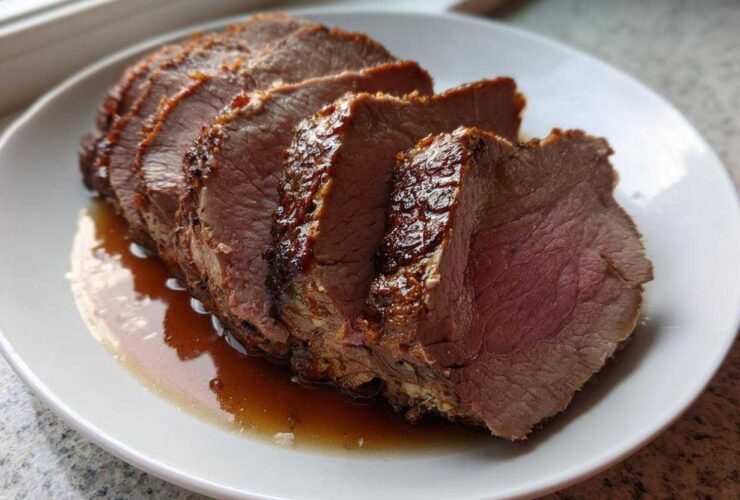Several thick slices of a perfectly cooked pork loin roast resting in its juices on a white plate.