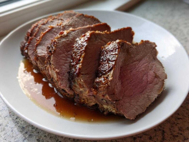 Several thick slices of a perfectly cooked pork loin roast resting in its juices on a white plate.