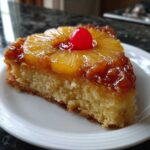 A close-up slice of pineapple upside down cake topped with caramelized pineapple and a maraschino cherry.