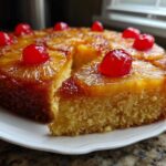 A slice cut from a moist pineapple upside down cake, topped with caramelized pineapple rings and maraschino cherries.