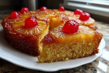 A slice cut from a moist pineapple upside down cake, topped with caramelized pineapple rings and maraschino cherries.